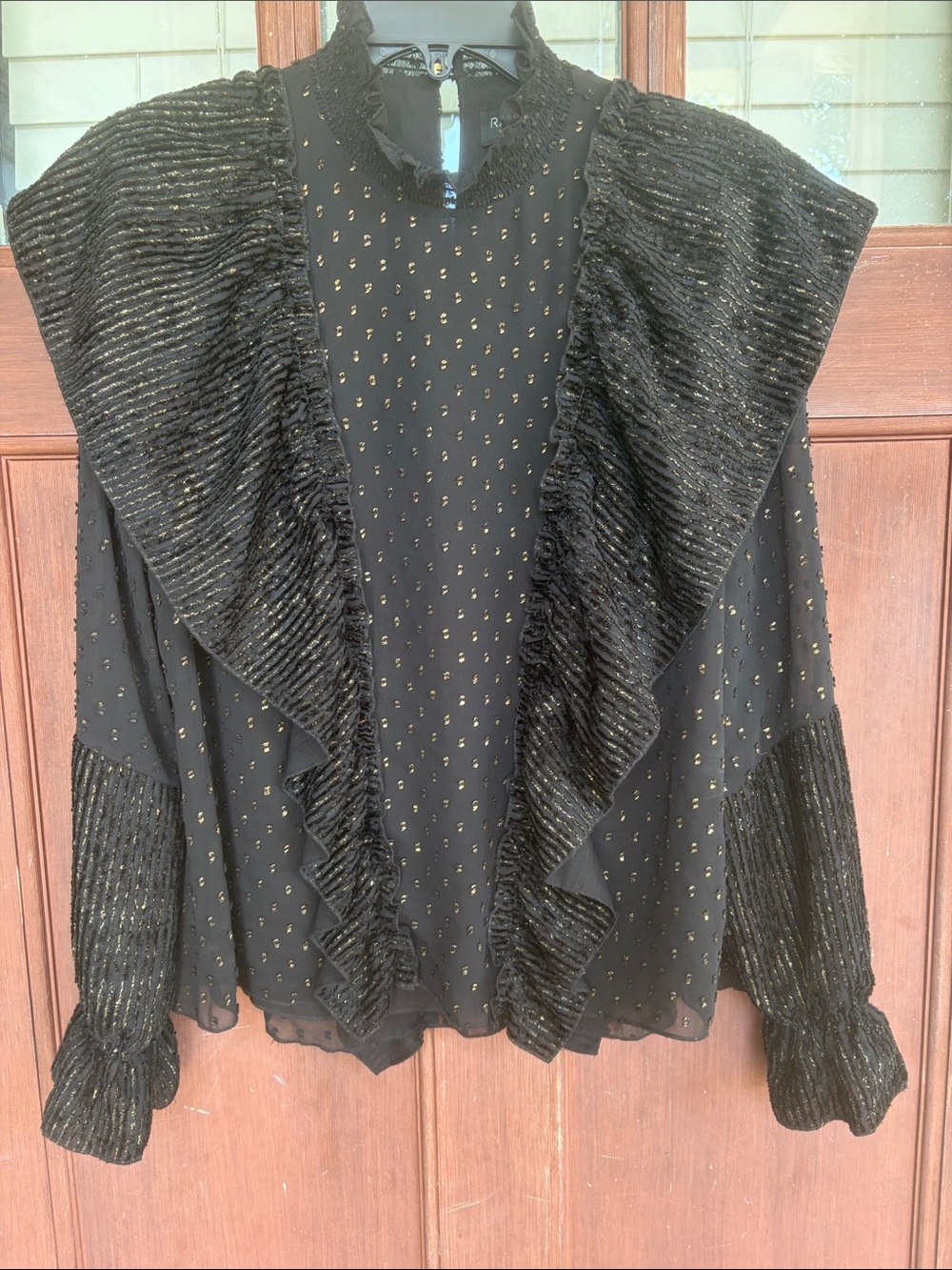 Rachel Zoe Black Blouse with Gold Metallic Dot Ruffle Details